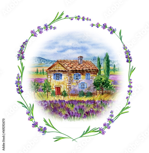 Landscape with house and field of lavender in a frame of lavender, watercolor drawing on white background, isolated.