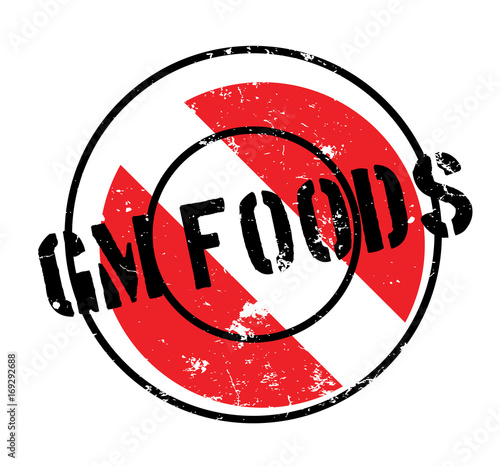 Gm Foods rubber stamp. Grunge design with dust scratches. Effects can be easily removed for a clean, crisp look. Color is easily changed.