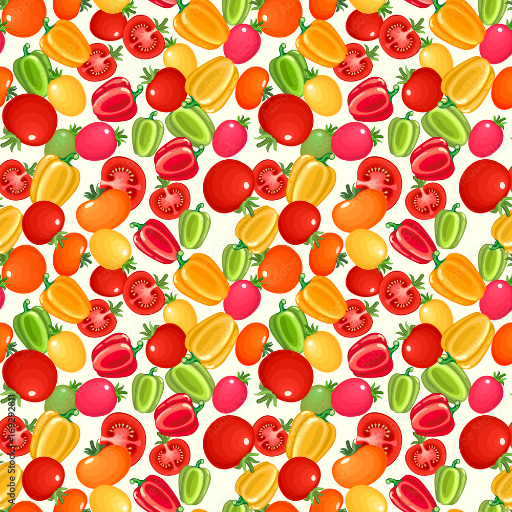 Seamless pattern with ripe fresh tomatoes and bell peppers.