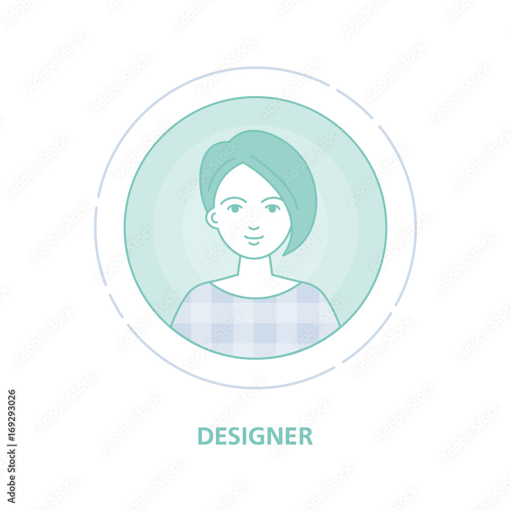 An Avatar of a woman in a circle on a white background. Designer. Female portrait. Linear Art. Vector illustration. An Avatar of a woman in a circle on a white background. Designer. Female portrait. Linear Art. Vector illustration.