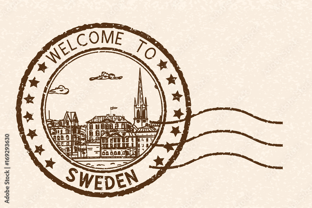 Obraz premium Welcome to Sweden. Brown postal stamp, round postmark with Stockholm sightseeings