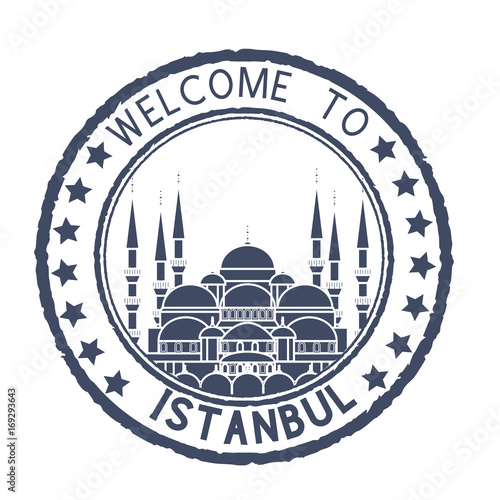 Welcome to Istanbul. Blue postal stamp, round postmark with Blue Mosque