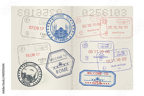 Passport pages with tourist international stamps