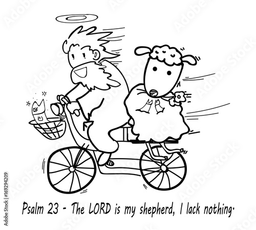 God riding bicycle with sheep sitting behind him eating some flower as cartoon illustration idea for bible Psalm 23 phase " The LORD is my shepherd, I lack nothing