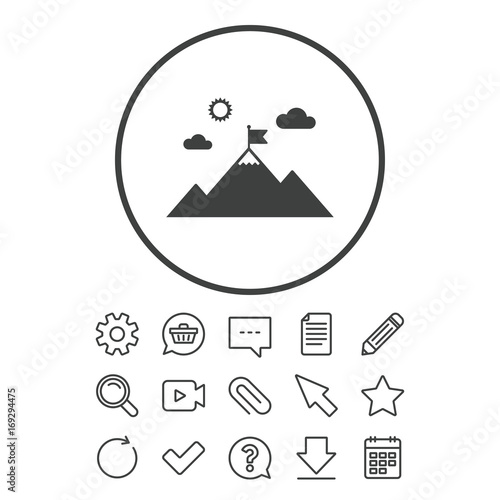 Flag on mountain icon. Leadership motivation sign.