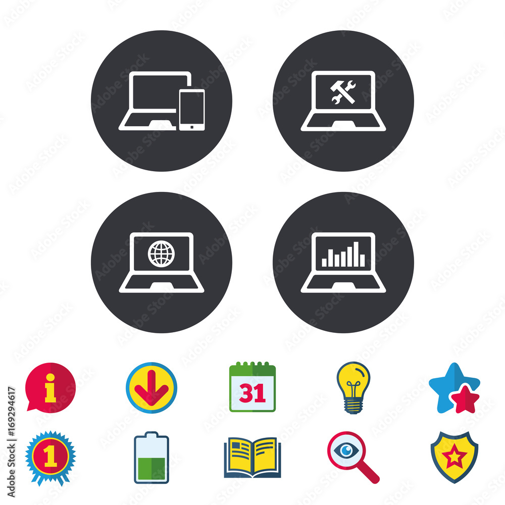 Notebook laptop pc icons. Repair fix service. Notebook laptop pc icons. Repair fix service.