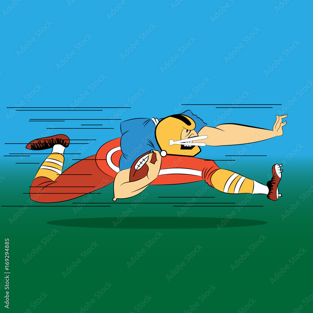 Cartoon football player running with the ball in his hand. Caricature ...