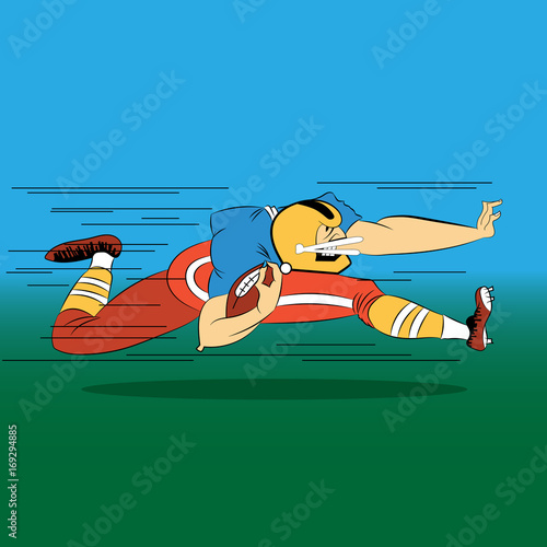 Cartoon football player running with the ball in his hand. Caricature design.