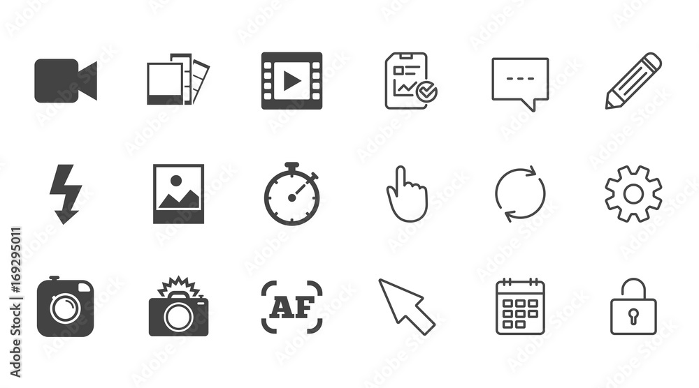 Photo, video icons. Camera, photos and frame. Photo, video icons. Camera, photos and frame.