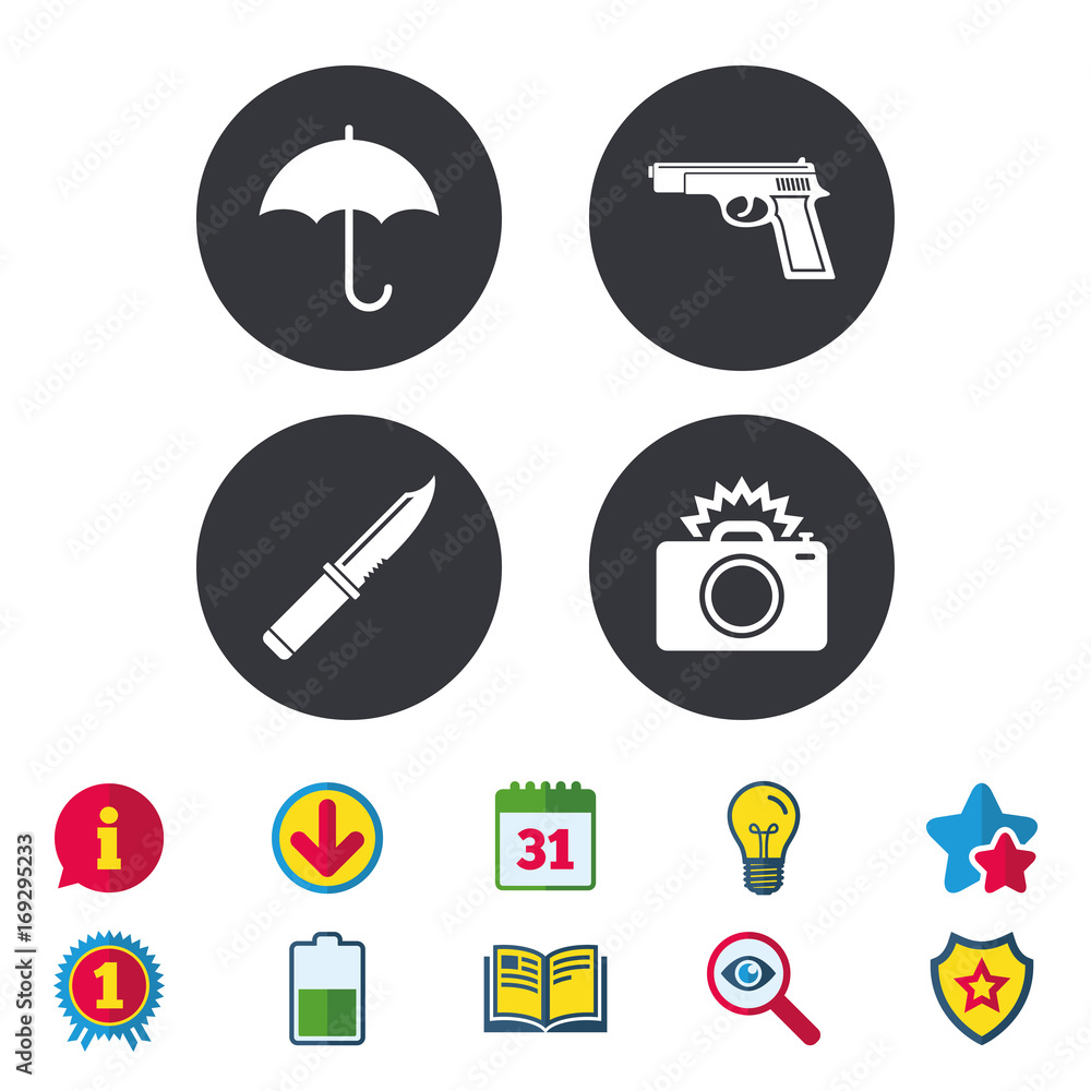 Gun weapon. Knife, umbrella and photo camera. Gun weapon. Knife, umbrella and photo camera.