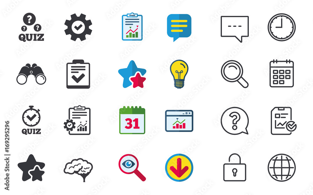Quiz icons. Checklist and human brain symbols. Quiz icons. Checklist and human brain symbols.