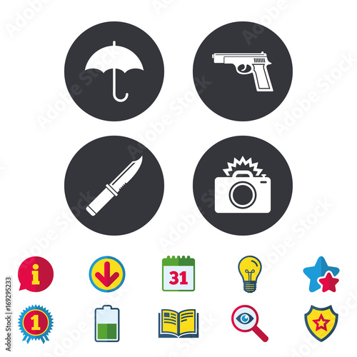 Gun weapon. Knife, umbrella and photo camera.