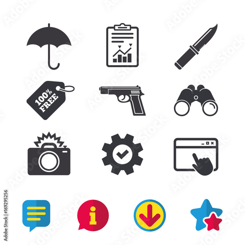 Gun weapon. Knife, umbrella and photo camera.