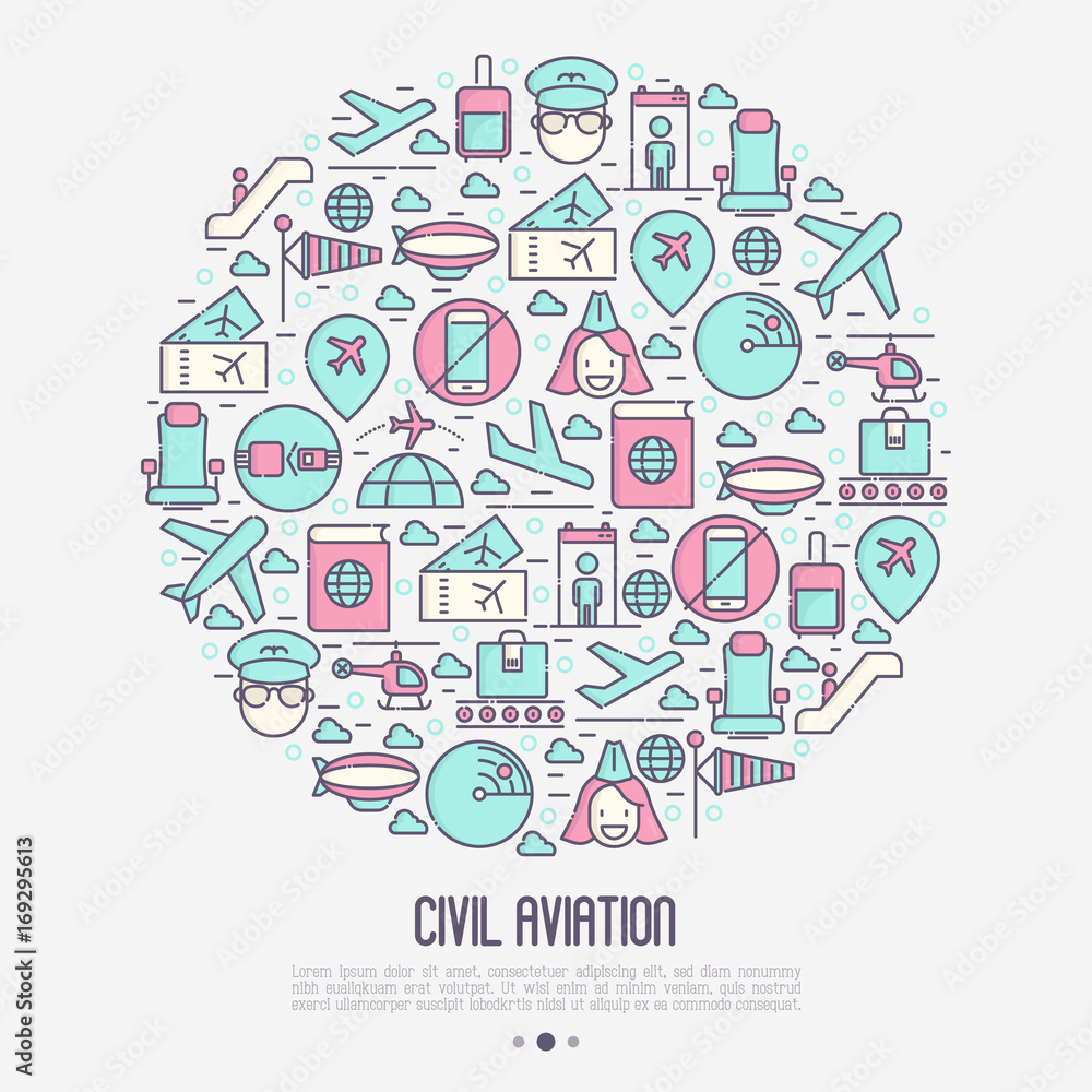 Civil aviation concept in circle contains thin line icons related to airport and tourism. Vector illustration for banner, web page, print media.