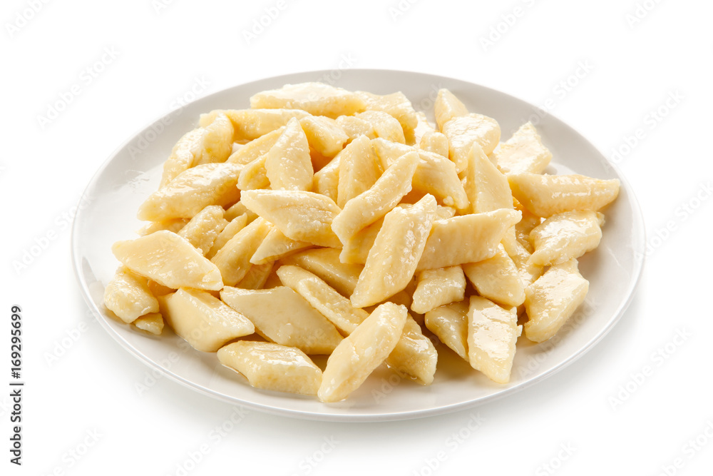Potato noodles - dumplings on white background Potato noodles - dumplings on white background