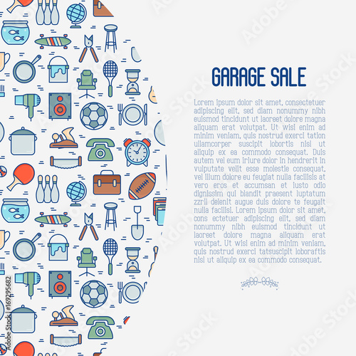 Garage sale or flea market concept with place for text. Thin line vector illustration for banner, web page, print media.
