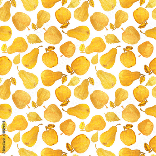 Seamless pattern with beautiful golden pears and apples on white background. Watercolor painting