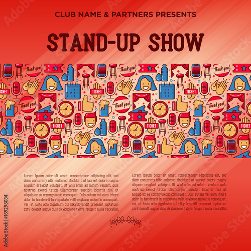 Stand up comedy show concept with thin line icons. Vector illustration for banner, web page, print media.