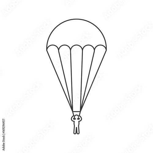 Black outline icon of parachute on white background. Line Icon of side view of parachutist.