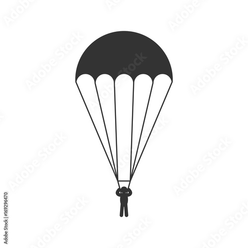 Black isolated silhouette of parachute on white background. Icon of side view of parachutist.