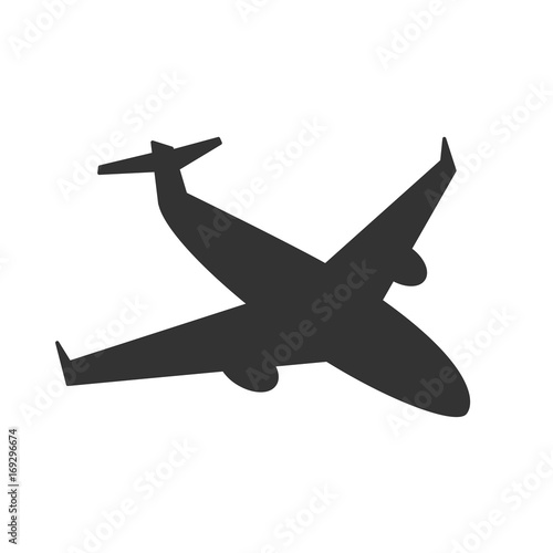 Black isolated silhouette of airplane on white background. Side view of aeroplane.