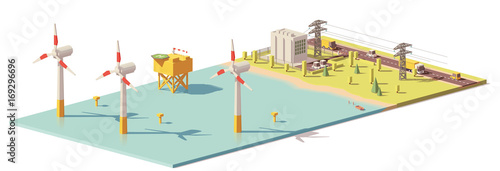 Vector low poly wind turbines power plant