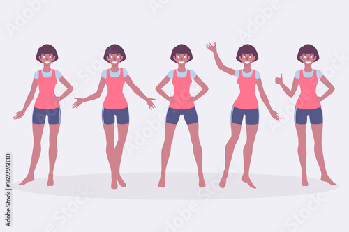 Set of full length woman in casual clothes wear or in sportswear. Different poses of sportswoman.