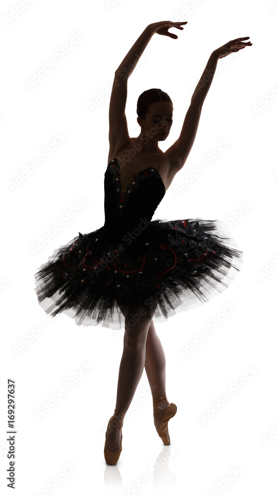Obraz premium Ballerina silhouette making ballet position arabesque against white background