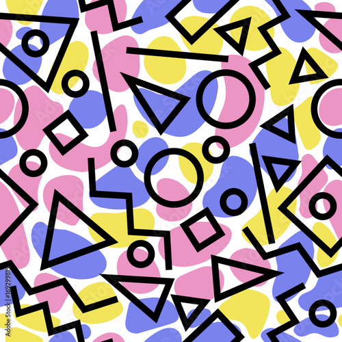 Seamless geometric pattern background in retro 80s style, pastel colours
