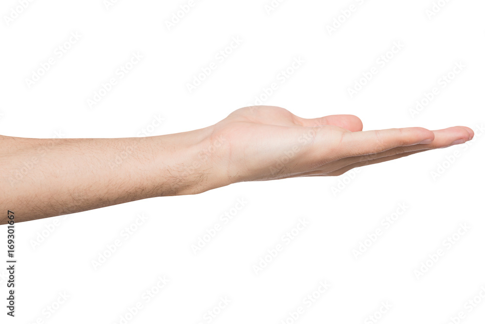 Man holding palm open isolated on white Man holding palm open isolated on white