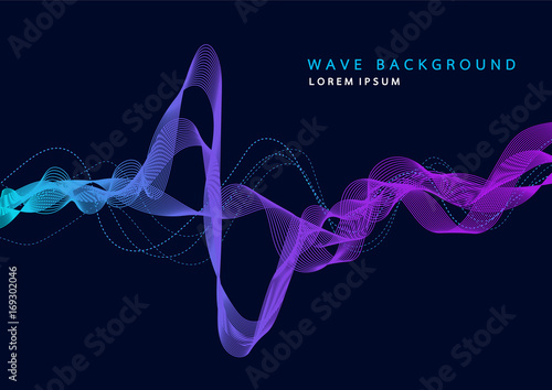 Abstract background with dynamic particle sound waves. Wave of musical soundtrack for record. Vector illustration