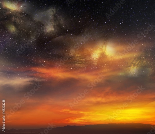 Night sky after a sunset . Beautiful sunset with storm sky . Landscape of sunrise in the morning with star in the sky 
