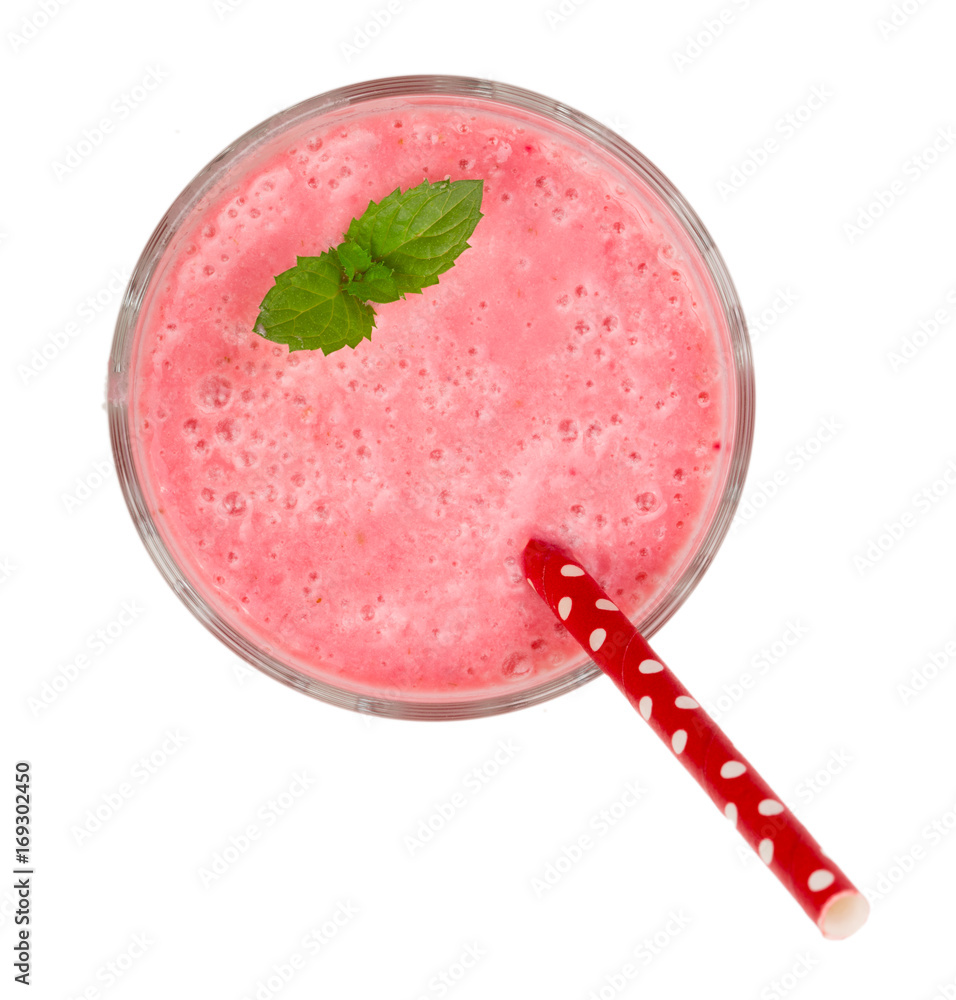 Glass of raspberry yogurt with mint leaves isolated on white background. Top view Glass of raspberry yogurt with mint leaves isolated on white background. Top view
