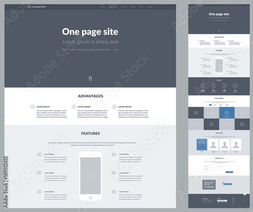 One page website design template for business. Landing page wireframe. Flat modern responsive design. Ux ui website: about us, advantages, features, facts, works, gallery, team, contacts, email, form.