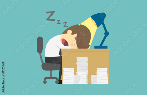 Businessman falls asleep at his desk.Cartoon of business fail is the concept of the man characters business, the mood of people, can be used as a background, banner, infographics. vector illustration