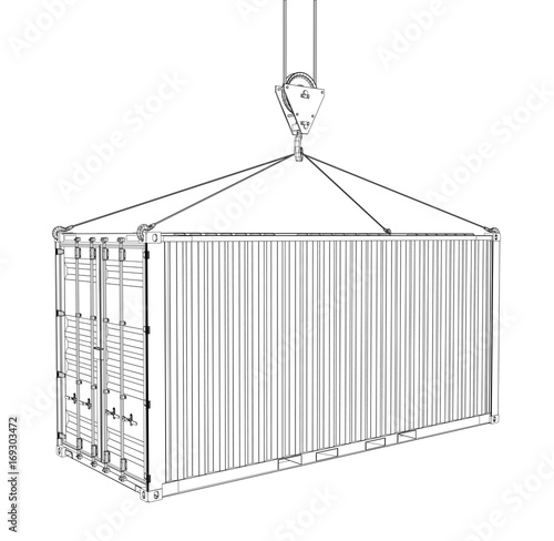 Cargo container hanging on hook of crane