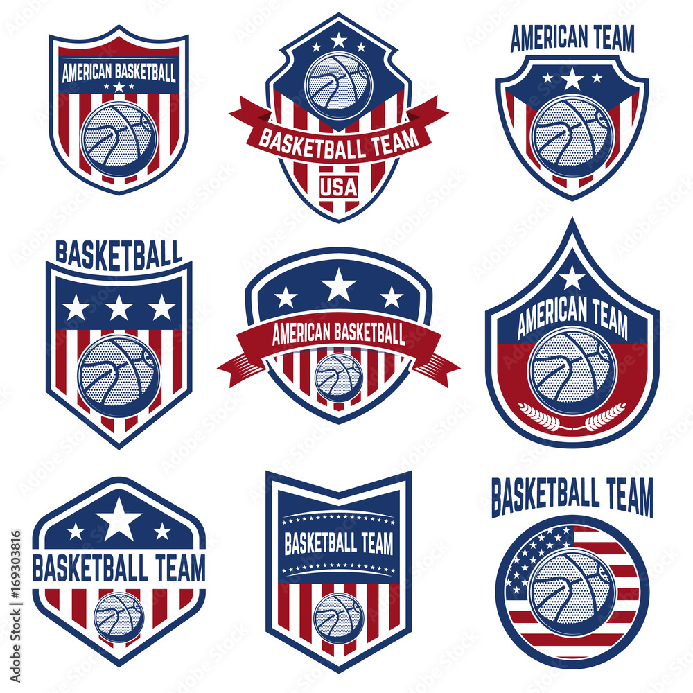 Set of american basketball team labels. Emblems with basketball balls Set of american basketball team labels. Emblems with basketball balls