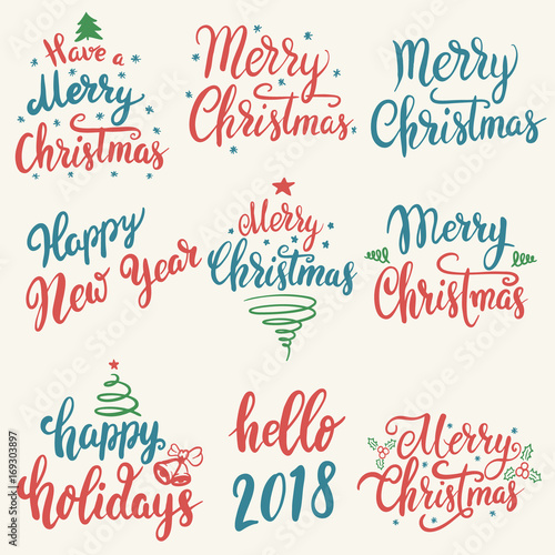 Merry Christmas  Happy New Year. Set of hand drawn lettering isolated on white background.