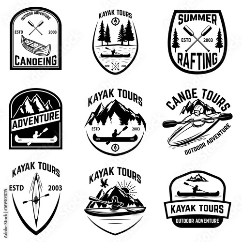 Set of canoeing badges isolated on white background. kayaking, canoe tours.