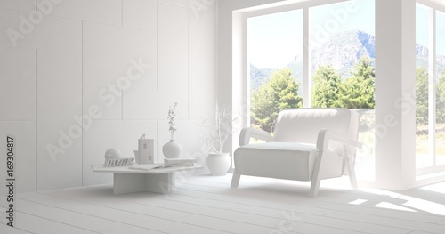 White room with armchair and summer landscape in window. Scandinavian interior design. 3D illustration