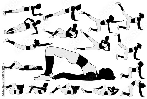 Silhouettes of young woman doing sport exercises.