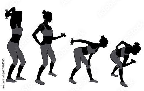 Silhouette of woman working out with dumbbells.
