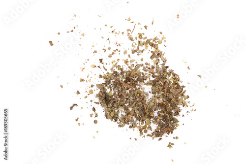 Dry ground marjoram isolated on white background, top view