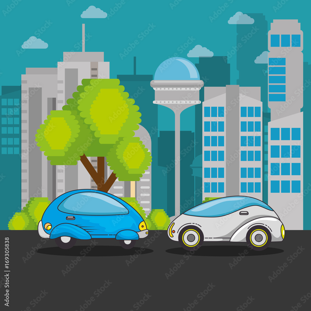 Futuristic car and city of transportation vehicle and automobile theme Vector illustration