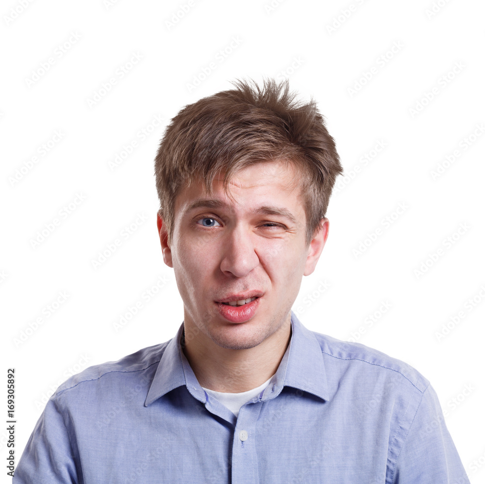 Emotions, man face expressing disgust, isolated