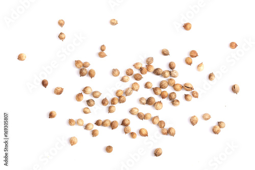 Coriander seeds isolated on white background top view