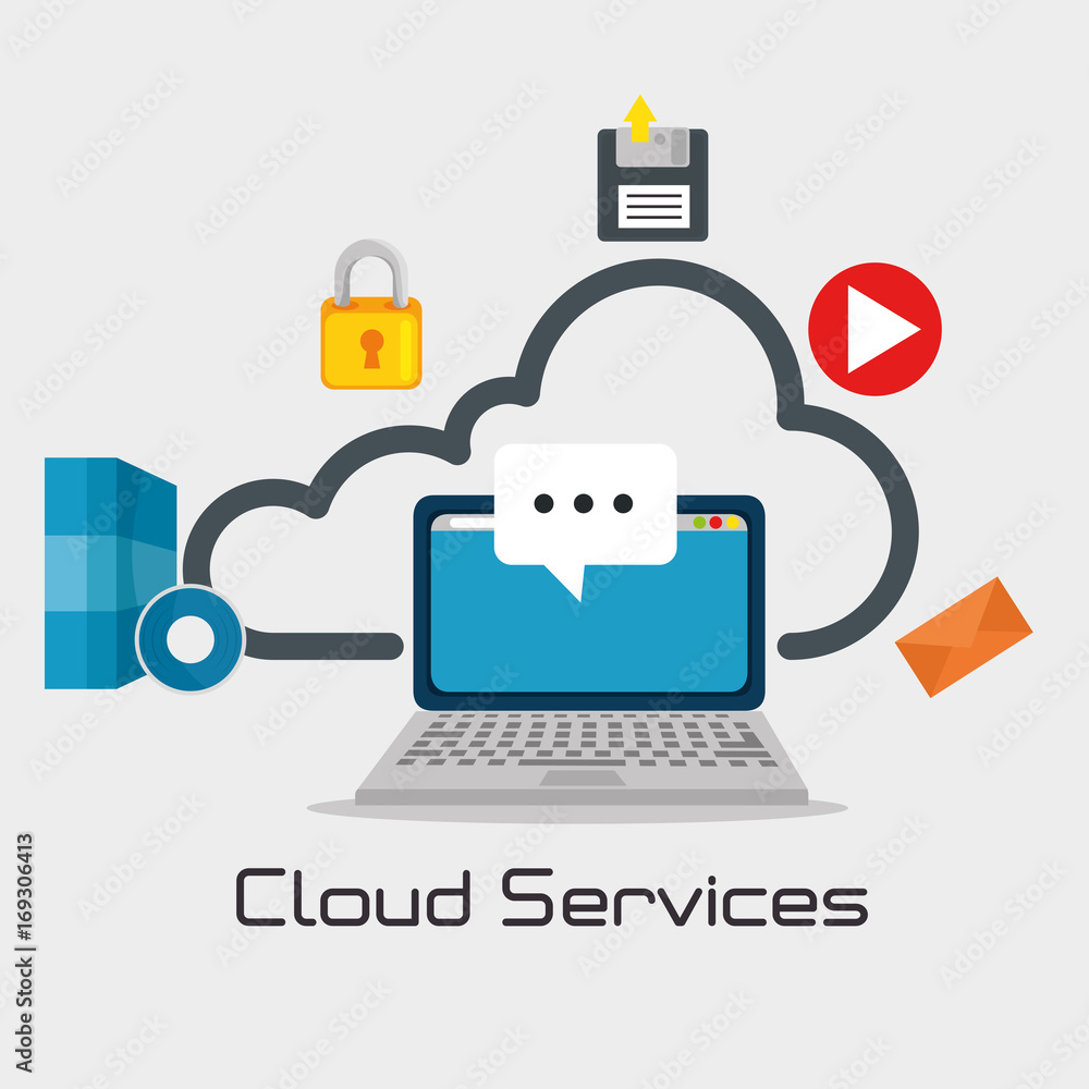 Laptop and icon set of Cloud computing and services theme Vector illustration Laptop and icon set of Cloud computing and services theme Vector illustration