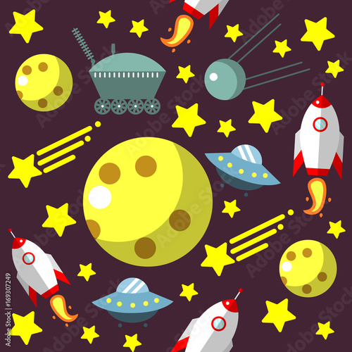 Seamless pattern with space, rockets, comet, stars and moon and UFO