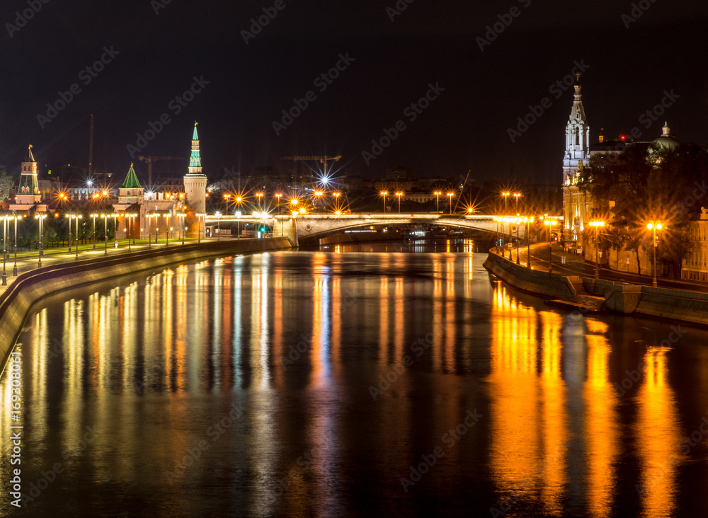 Moscow Kremlin tower at night, bridge view. background, architecture.