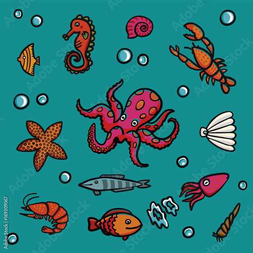 Marine life in cartoon style on a blue background. Lobster, shrimps, snails, sea cabbage etc. © mspoint